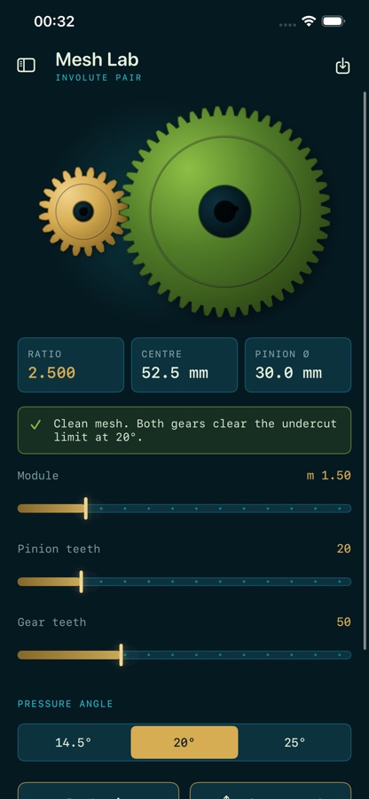 Cogbench Mesh Lab screen with a gold pinion meshing a green gear