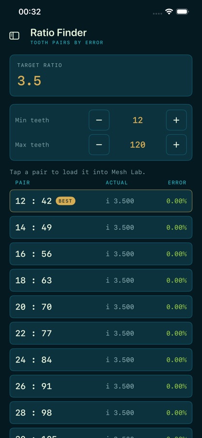 Cogbench Ratio Finder screen